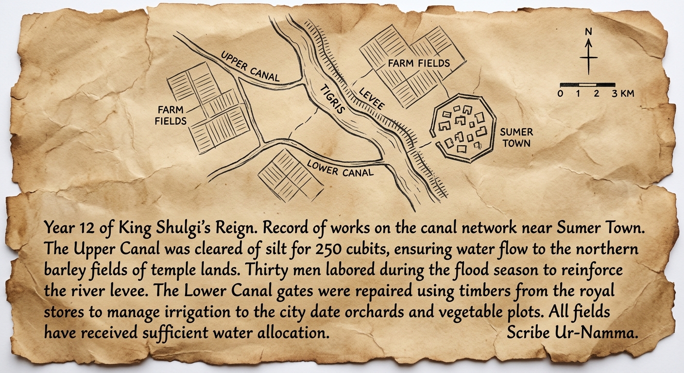 A parchment-style reconstructed ancient irrigation document with a sketch map of a river, canals, fields, and a walled town, plus a short translated note about canal work and crop fields.