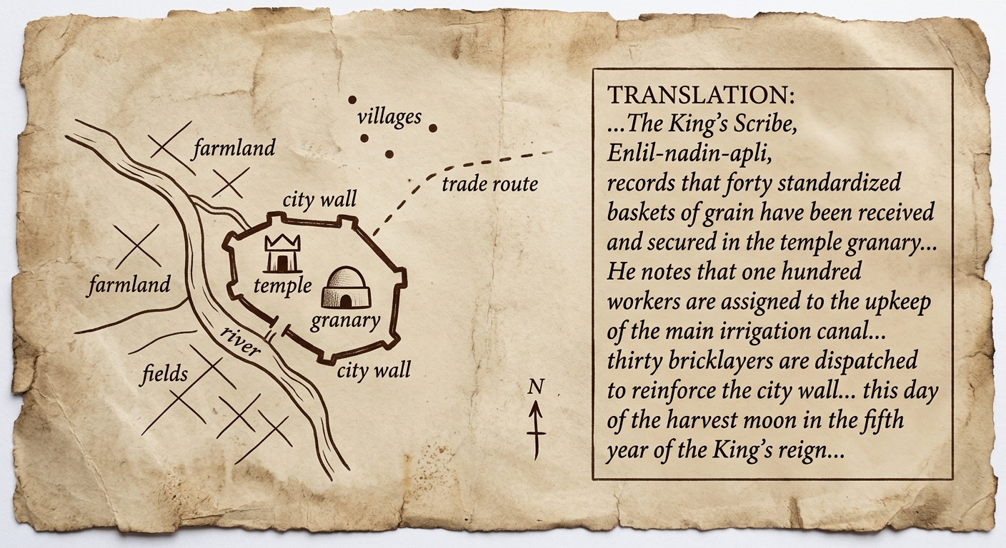 A parchment-style reconstructed river valley record with a simple map of a city, river, fields, temple, granary, and road, plus a translated note about grain storage and workers.