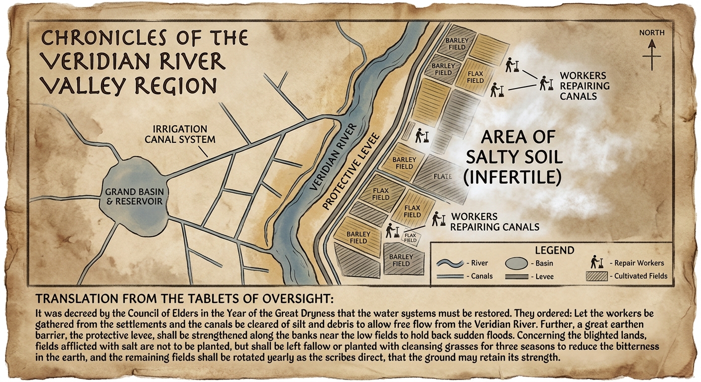 A parchment-style reconstructed river valley document with a map of a river, canals, reservoir, levee, fields, and an area labeled salty soil, plus a note about canal cleaning and managing soil salt.