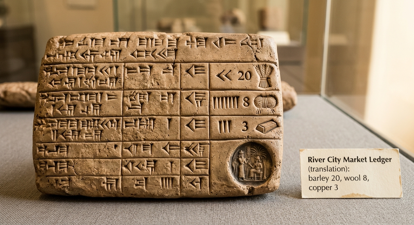 A clay tablet merchant ledger with cuneiform-like marks and a small translation label listing barley, wool, and copper.