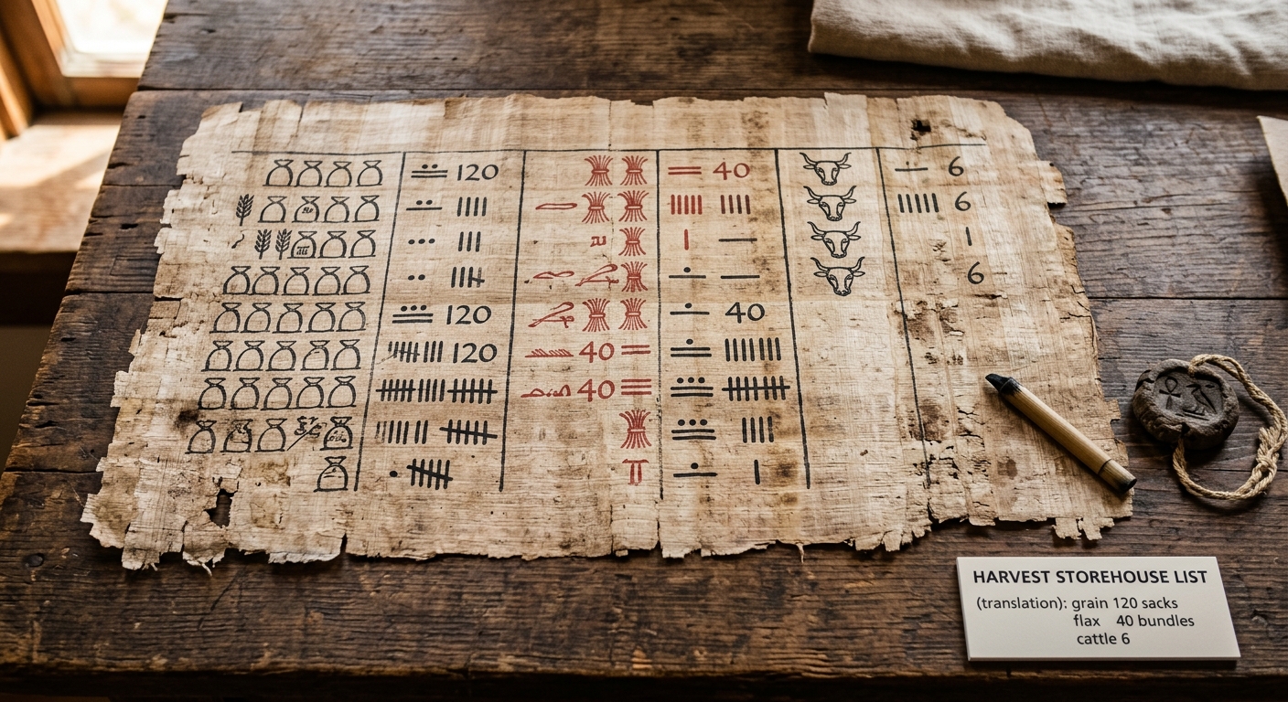 A papyrus accounting record with a translation label listing grain, flax, and cattle amounts.