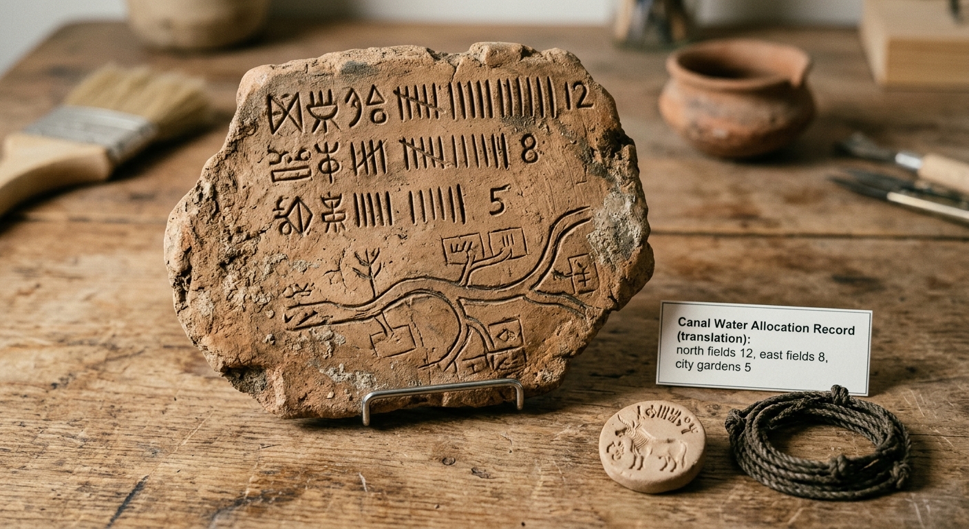 A clay record showing tally marks and a simple canal sketch with a translation label about water allocation.