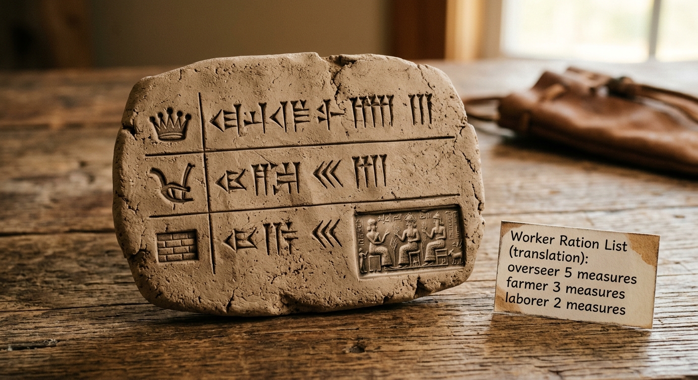 A clay tablet ration list showing different grain rations for an overseer, farmer, and laborer.