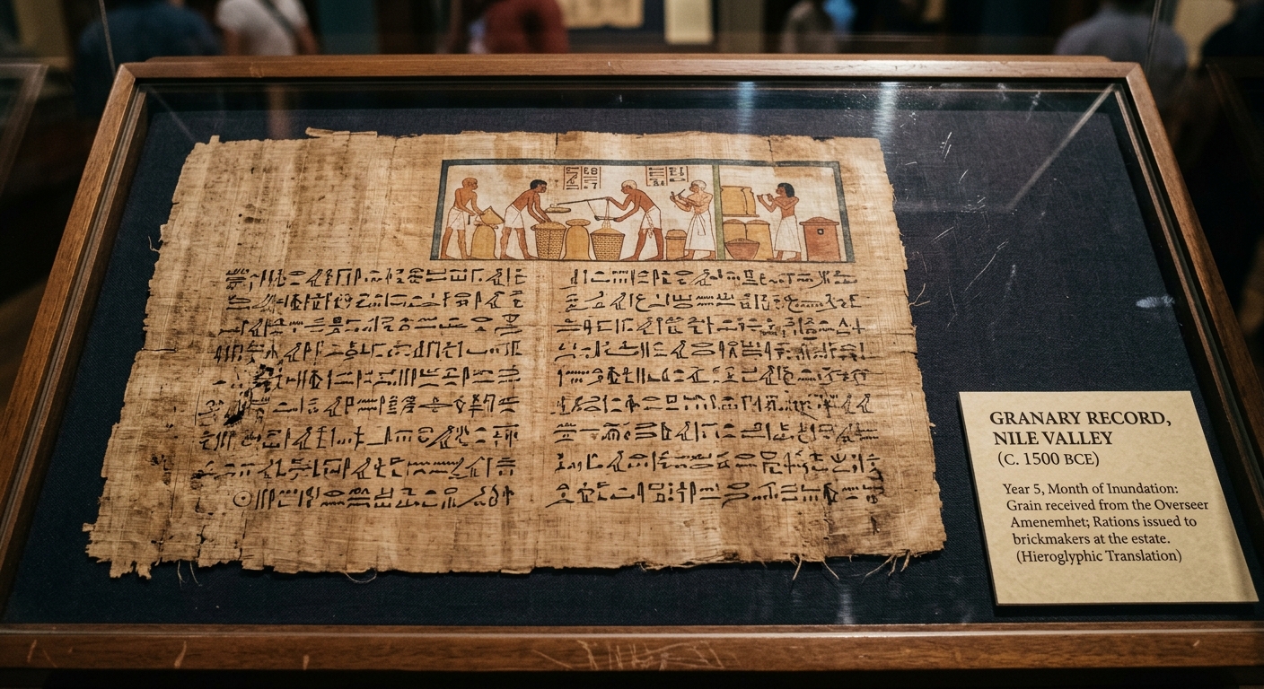 Museum-style photo of an Egyptian papyrus labeled “Granary Record, Nile Valley (c. 1500 BCE)” with a translation mentioning ‘Year 5’ and rations issued to brickmakers.