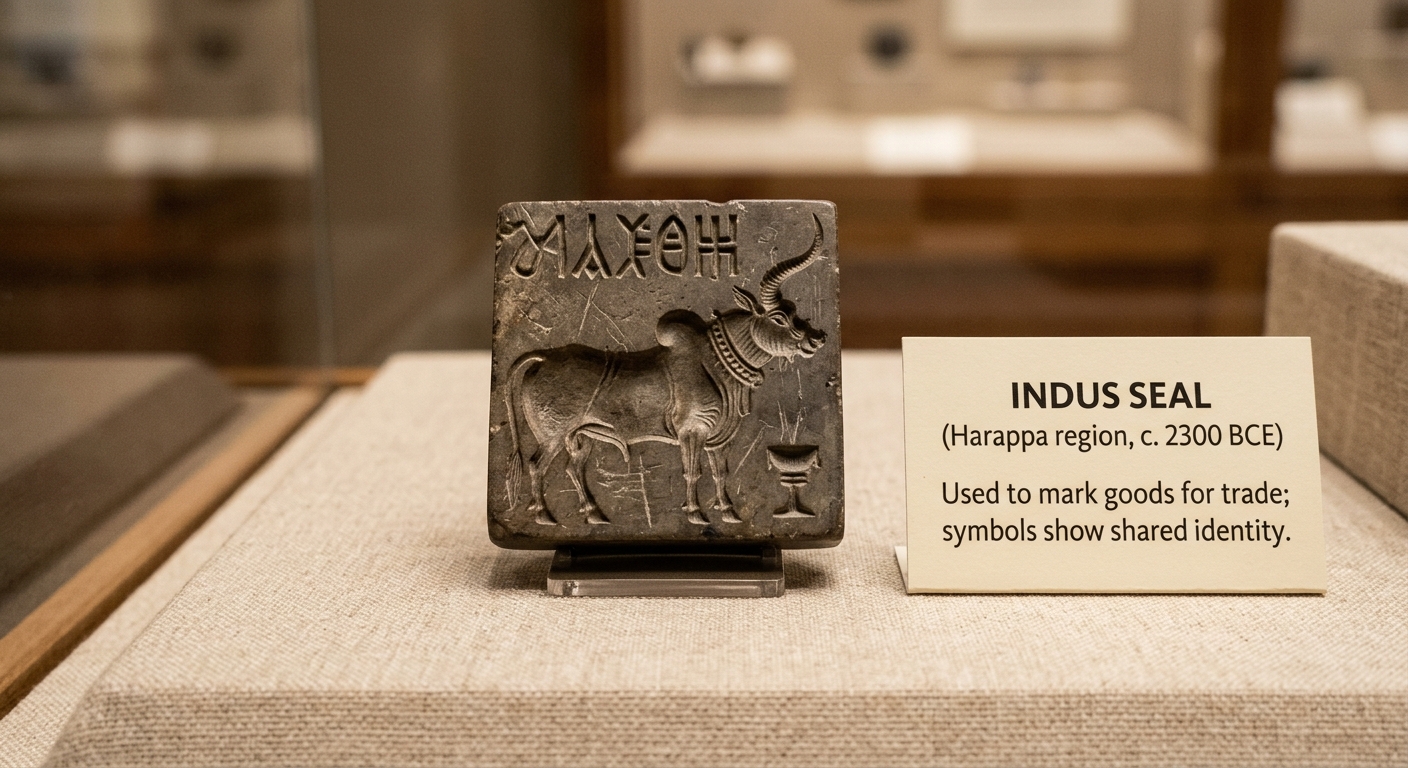Museum-style photo of an Indus Valley stamp seal with an animal figure and symbols, beside a label titled “Indus Seal (Harappa region, c. 2300 BCE)” noting it was used to mark goods for trade.