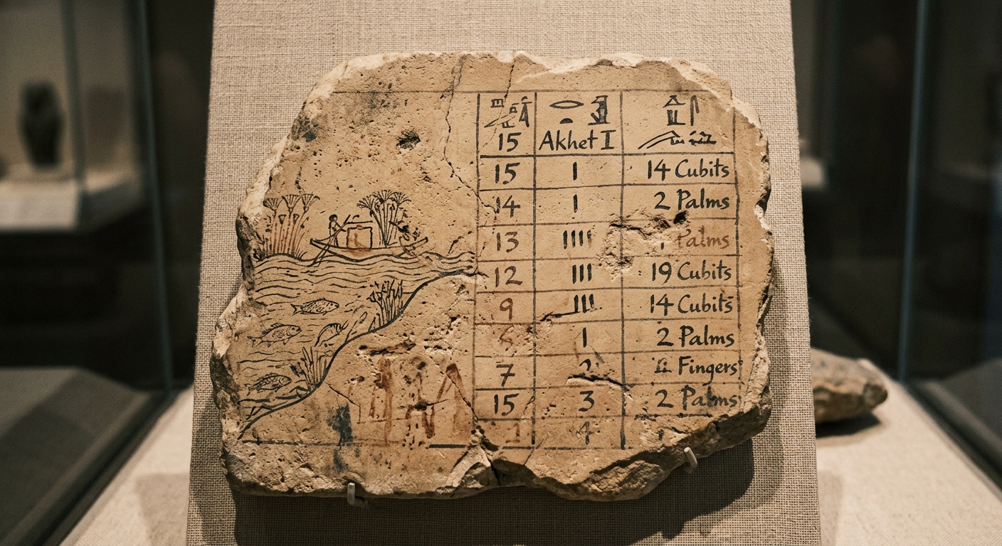 Ancient Egyptian papyrus showing a simple flood record table with hieroglyph-like marks on a museum display.