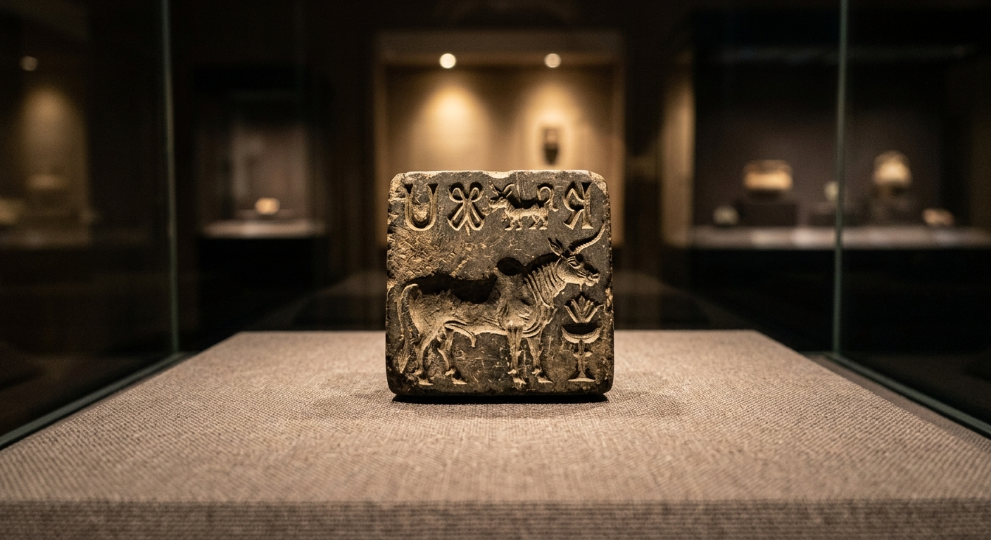 Indus Valley stamp seal with an animal figure and a short line of Indus script symbols on a museum display.