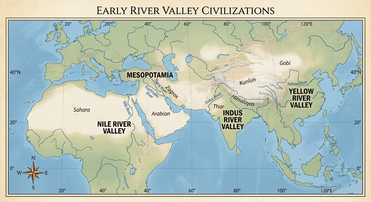Map showing Mesopotamia, Nile River Valley, Indus River Valley, and Yellow River Valley with their major rivers.