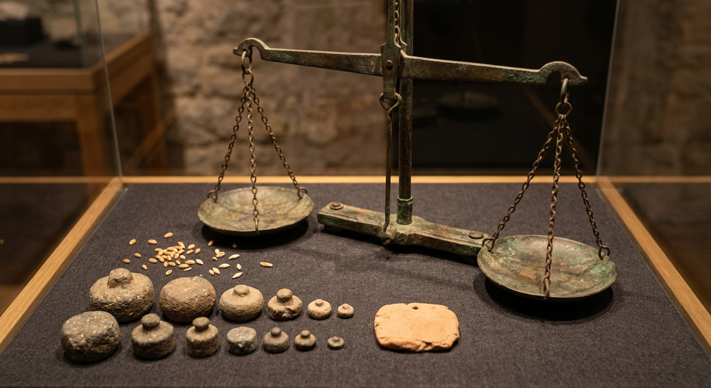Ancient balance scale with two pans and several stone weights on a museum display.