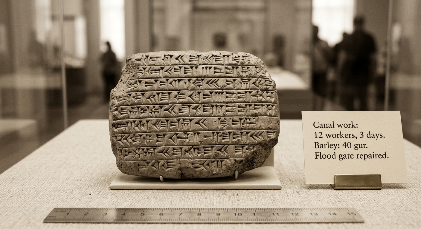 Photo of a clay tablet with cuneiform and a caption summarizing canal work, barley harvest, and a repaired flood gate.