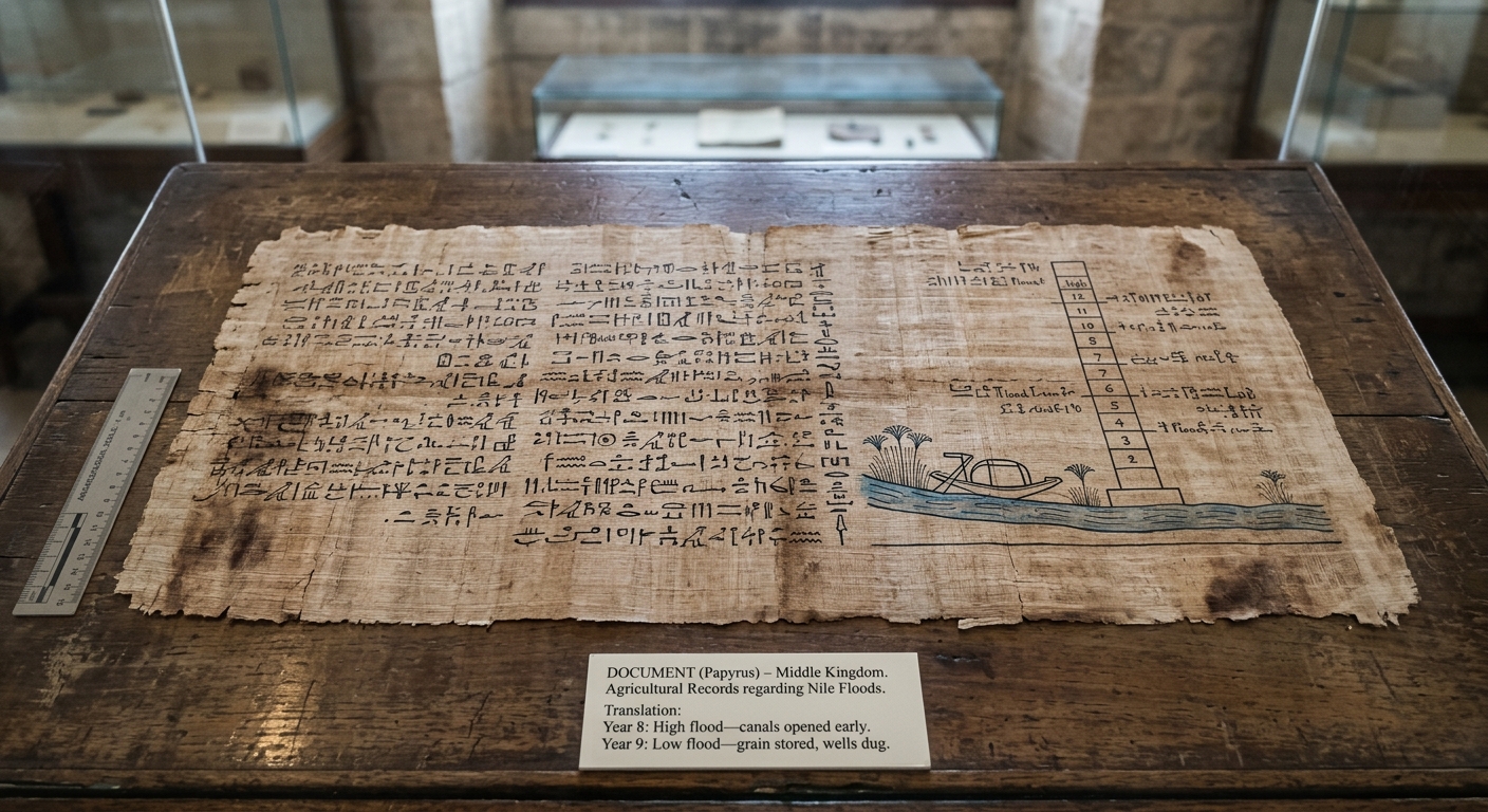 Photo of an Egyptian papyrus with hieroglyphs and a curator label comparing a high-flood year and a low-flood year on the Nile.