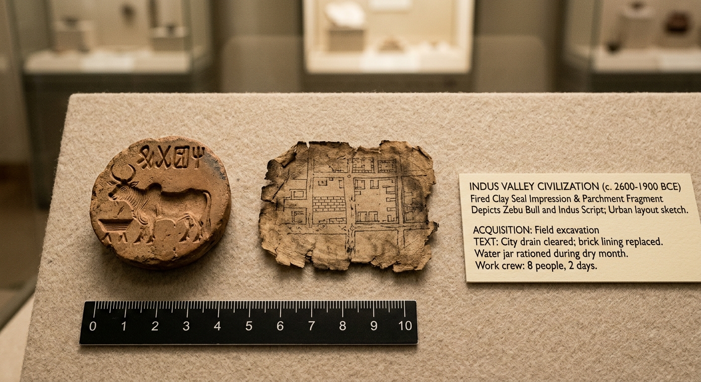 Museum-style photo of an Indus Valley seal impression and a curator label describing drain repair and water rationing during a dry month.