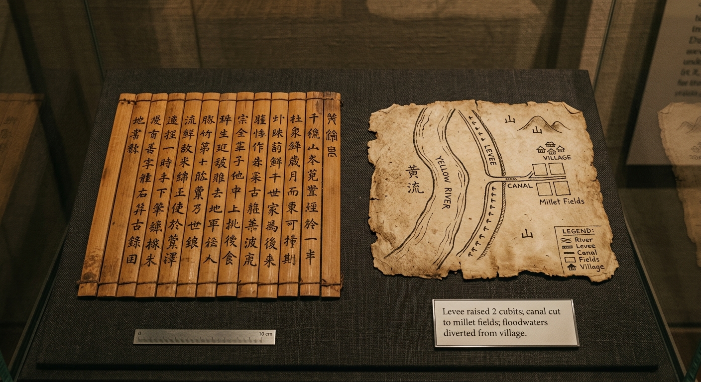 Museum-style photo of a bamboo-slip record and a simple map showing a levee and canal along the Yellow River.