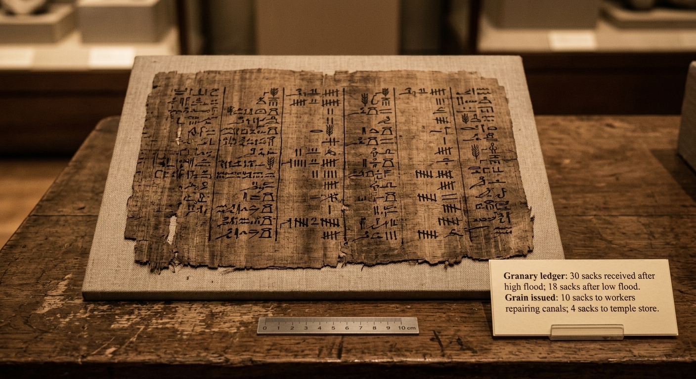 Museum-style photo of an ancient papyrus grain ledger with a curator label listing grain collected and grain issued for canal repairs.
