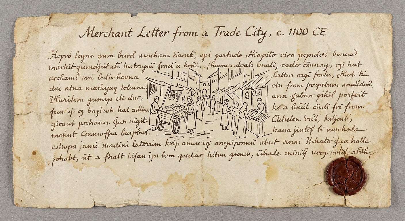 null Aged parchment letter labeled 'Merchant Letter from a Trade City, c. 1100 CE,' with handwritten text, a small market sketch, and a wax seal.