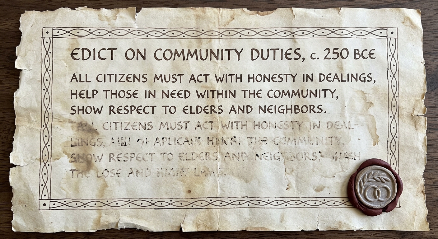 null Aged parchment document titled 'Edict on Community Duties, c. 250 BCE,' with faded writing and a seal impression at the bottom.