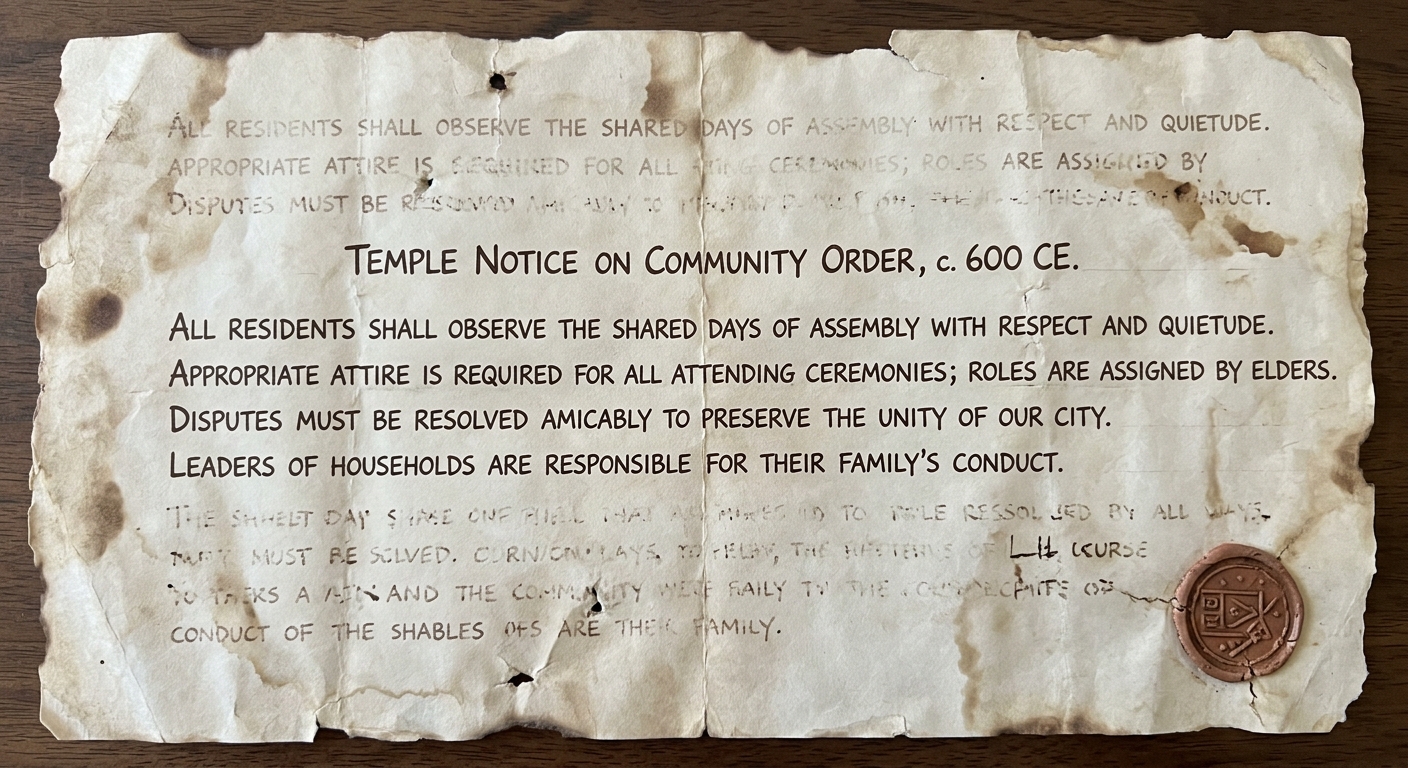 null Aged parchment proclamation titled 'Temple Notice on Community Order, c. 600 CE,' with faded writing and a stamped seal.