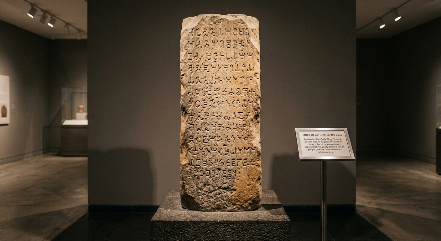 Museum-style photo of a weathered stone inscription labeled 'Edict of Ashoka (c. 250 BCE)' with carved script and a small placard showing an English translation.