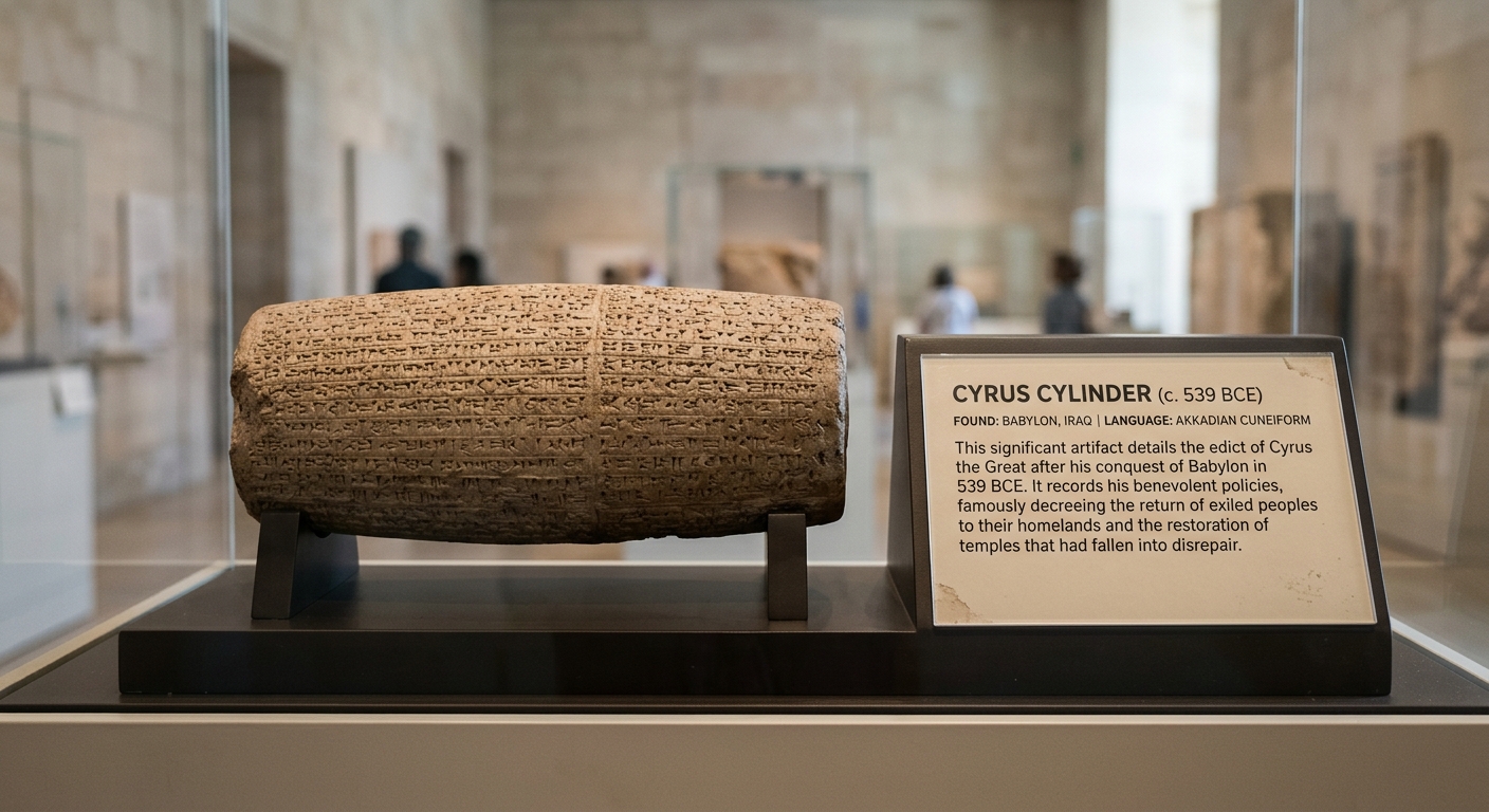 Museum-style photo of an ancient inscription labeled 'Cyrus Cylinder (c. 539 BCE)' with carved script and a placard mentioning restoring temples and allowing peoples to return.