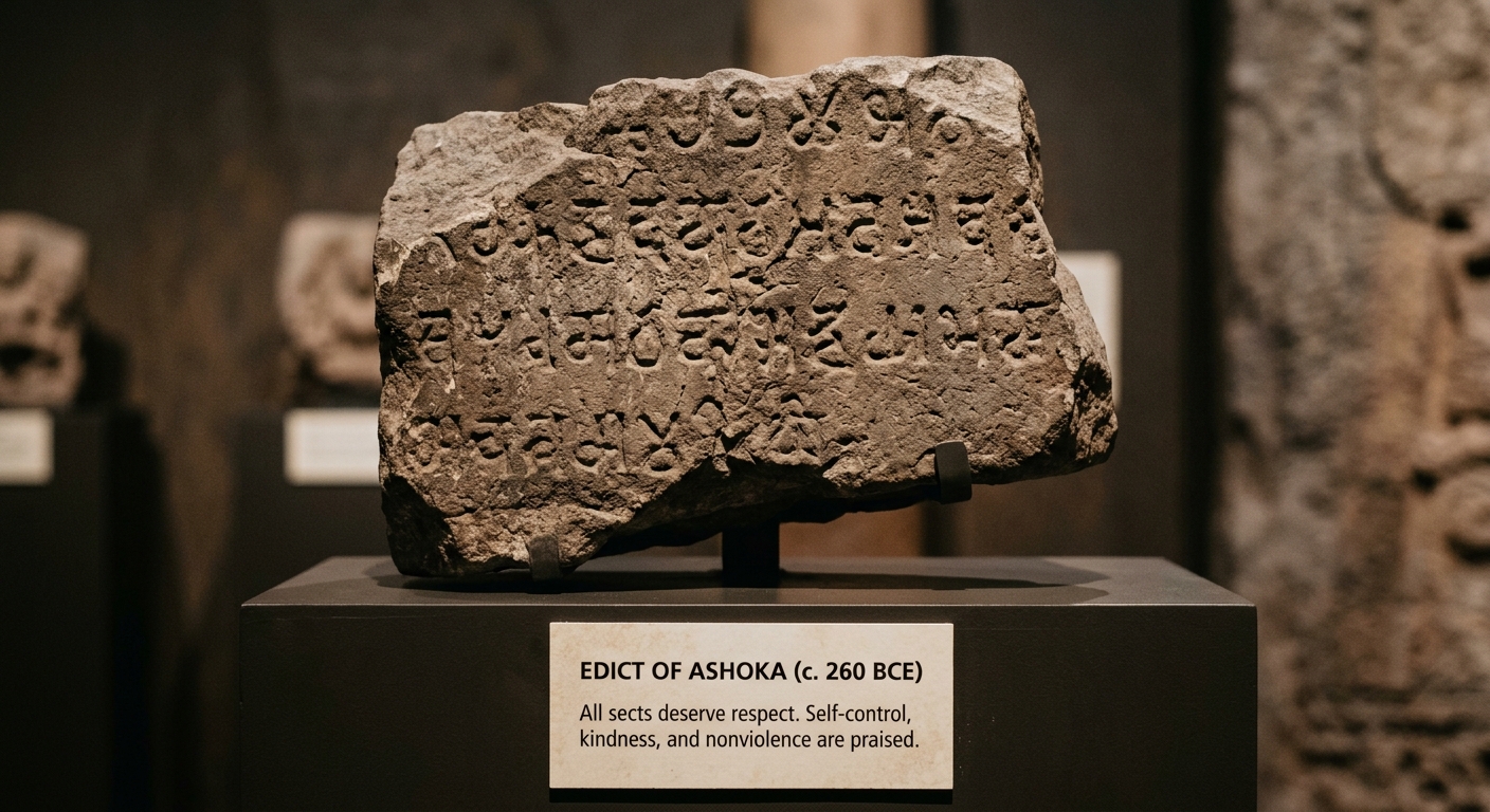 Museum-style photo of a weathered stone inscription labeled “Edict of Ashoka (c. 260 BCE)” with a short translated excerpt about respecting all sects and praising kindness and nonviolence.