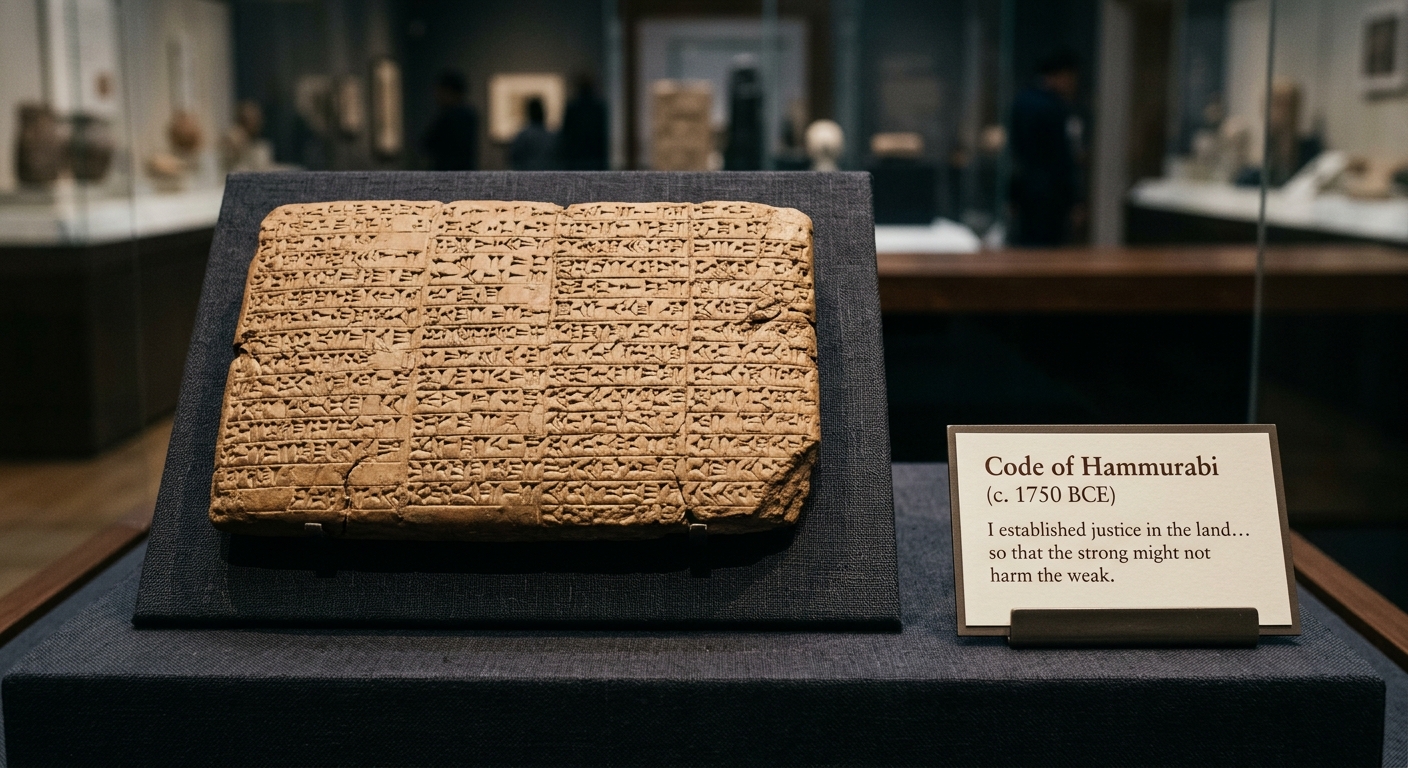 Museum-style photo of a cuneiform clay tablet labeled “Code of Hammurabi (c. 1750 BCE)” with a translated excerpt about establishing justice so the strong do not harm the weak.