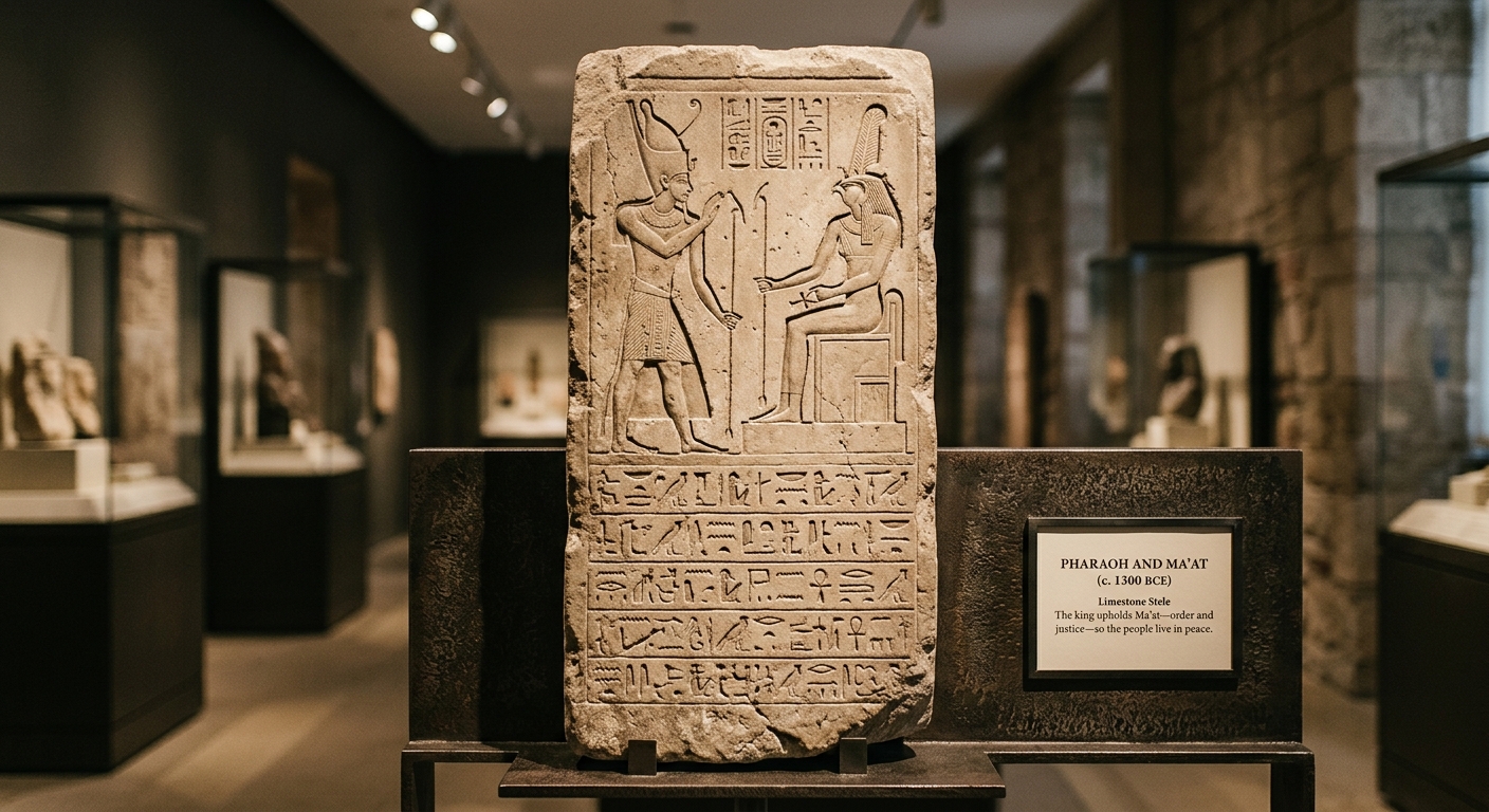 Museum-style photo of an ancient Egyptian stone stele labeled “Pharaoh and Ma’at (c. 1300 BCE)” with a short translated excerpt about the king upholding order and justice.