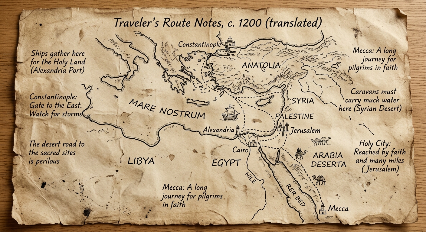Fictional parchment document showing a medieval-style route map linking Constantinople, Jerusalem, Cairo, Alexandria, and Mecca with notes about pilgrims, ports, and desert travel.