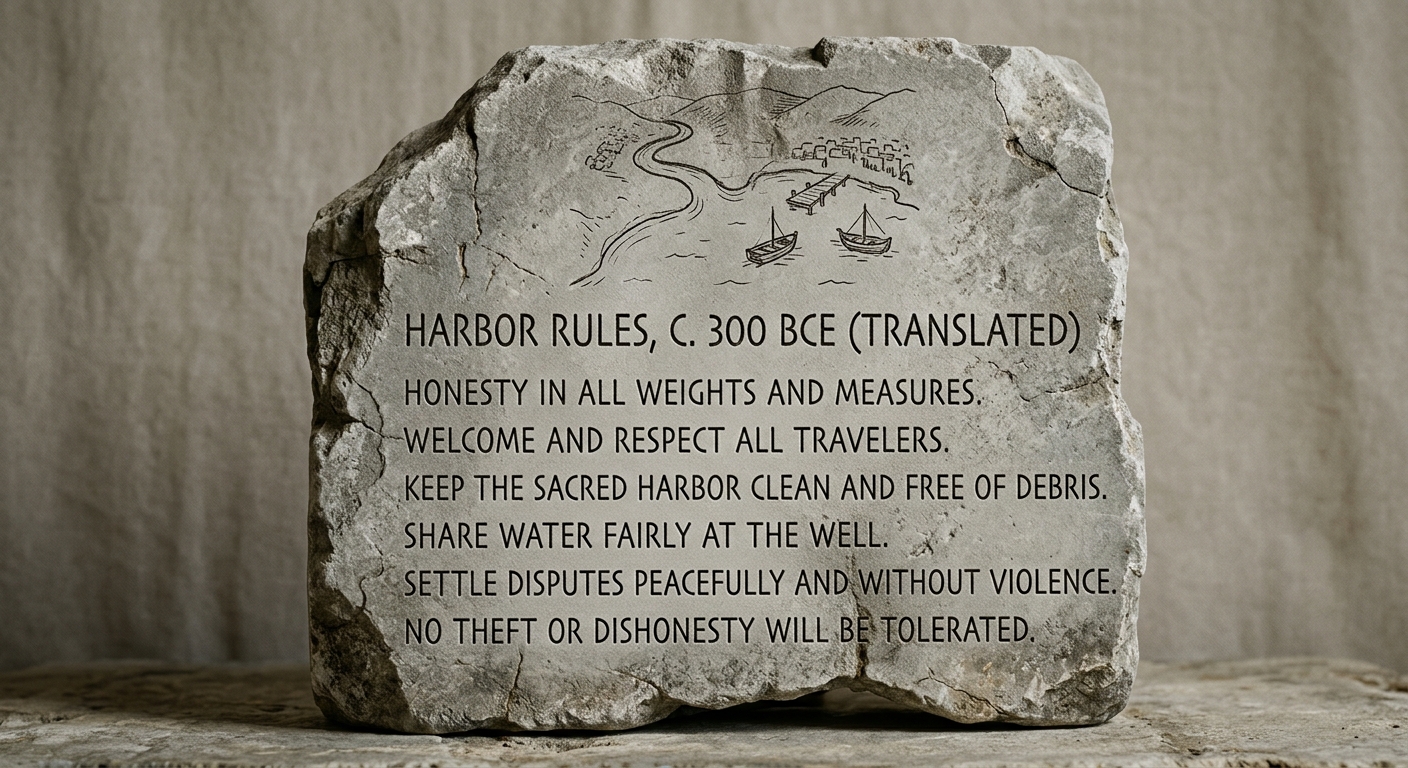 Fictional stone inscription titled “Harbor Rules, c. 300 BCE (translated)” with a small harbor sketch and short rules about honesty, hospitality, cleanliness, and peaceful behavior.