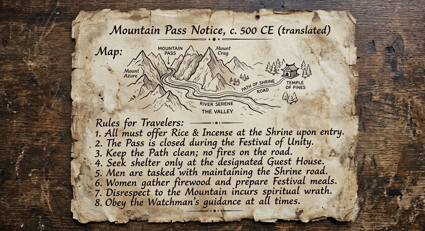 Fictional parchment document titled “Mountain Pass Notice, c. 500 CE (translated)” with a small sketch map of a mountain pass and rules for pilgrims about offerings and roles during a festival.