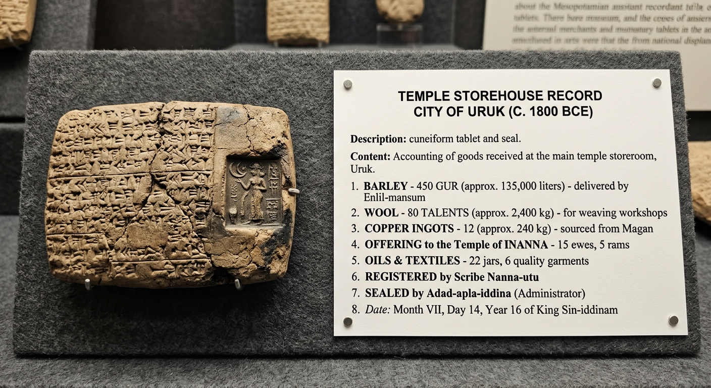 Fictional museum facsimile of a Mesopotamian temple storehouse trade record with an English translation listing barley, wool, copper, and an offering to the temple.