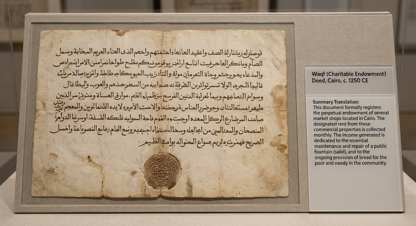 Fictional facsimile of a medieval waqf endowment deed describing shop rents used for a public fountain and charity.