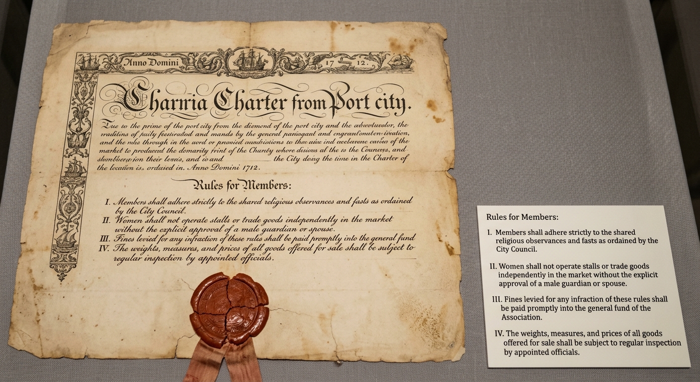 Fictional facsimile of a merchant guild charter showing religious rules, fines, and limits on women’s market roles.