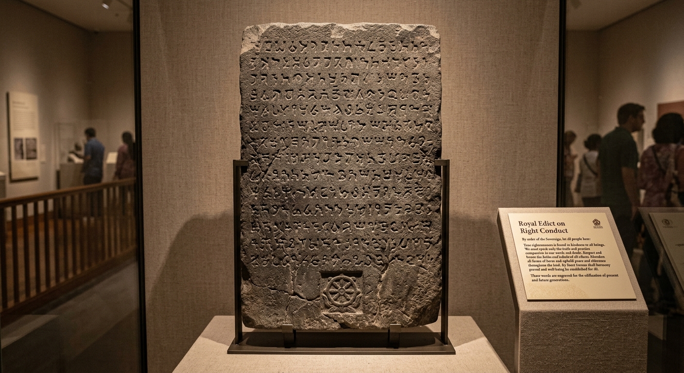 Museum-style photo of a stone edict display with carved text and a label titled “Royal Edict on Right Conduct,” describing kindness, self-control, and respect for different faiths.
