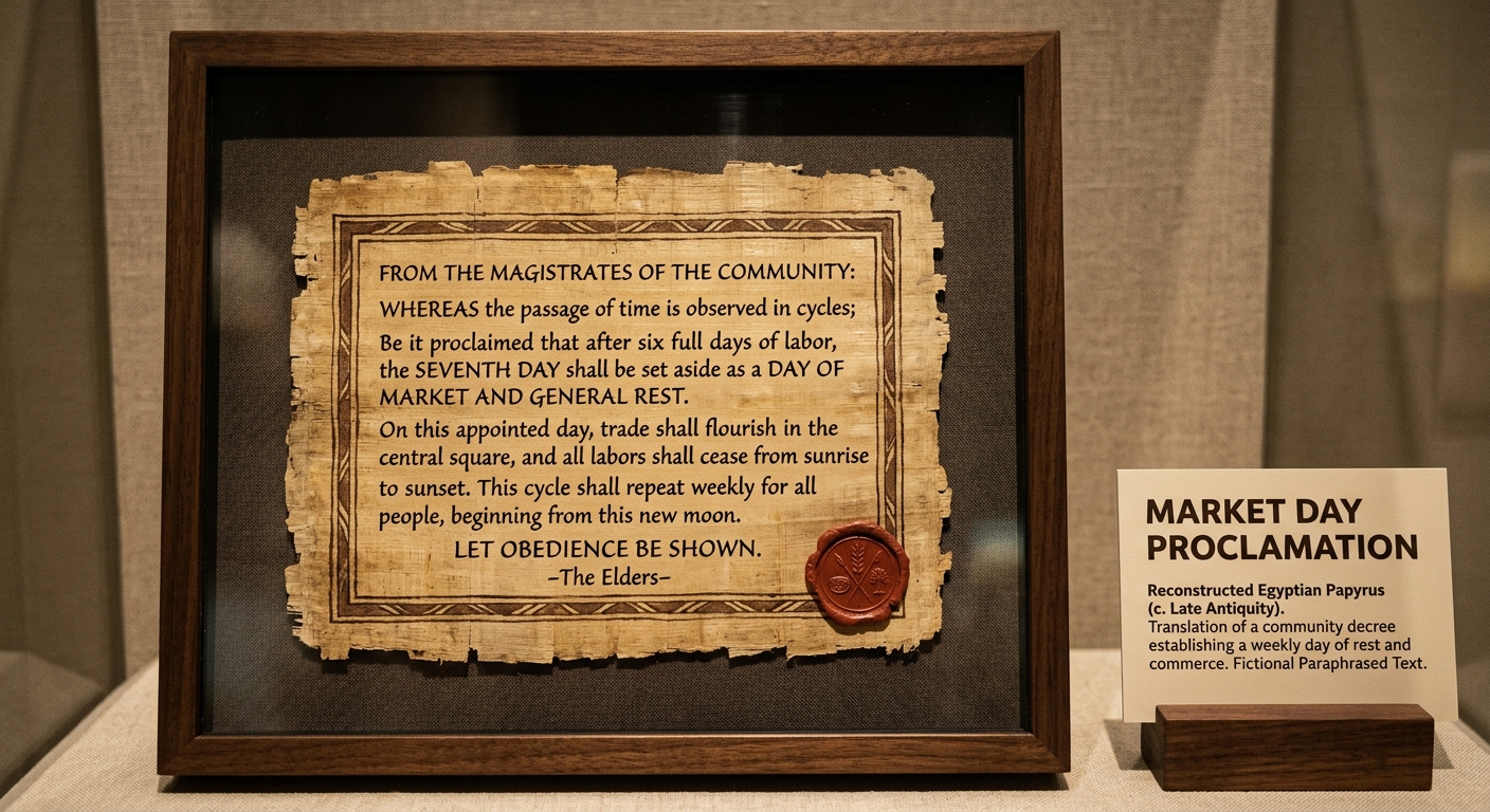 Museum-style photo of a mounted papyrus fragment labeled “Market Day Proclamation,” describing counting days on a calendar and setting a regular community market or rest day.