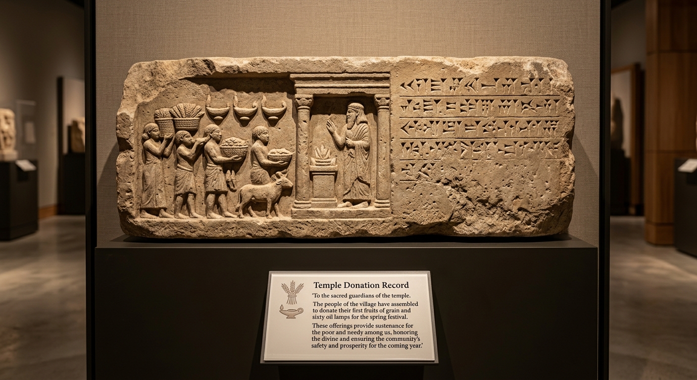 Museum-style photo of a carved stone relief with a label titled “Temple Donation Record,” describing community offerings for a temple festival and support for the poor.