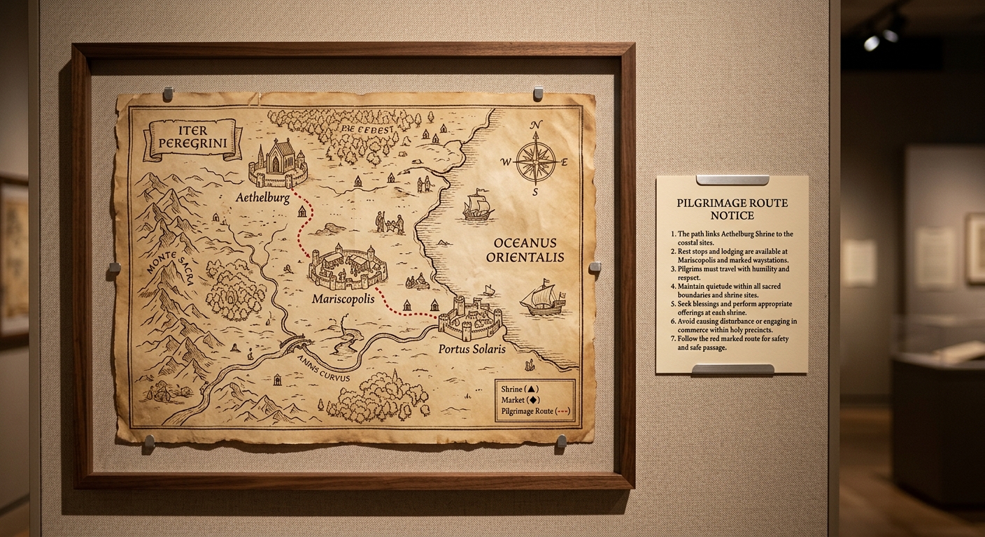 Museum-style photo of a parchment map with a pilgrimage route connecting shrines and towns, labeled “Pilgrimage Route Notice.”