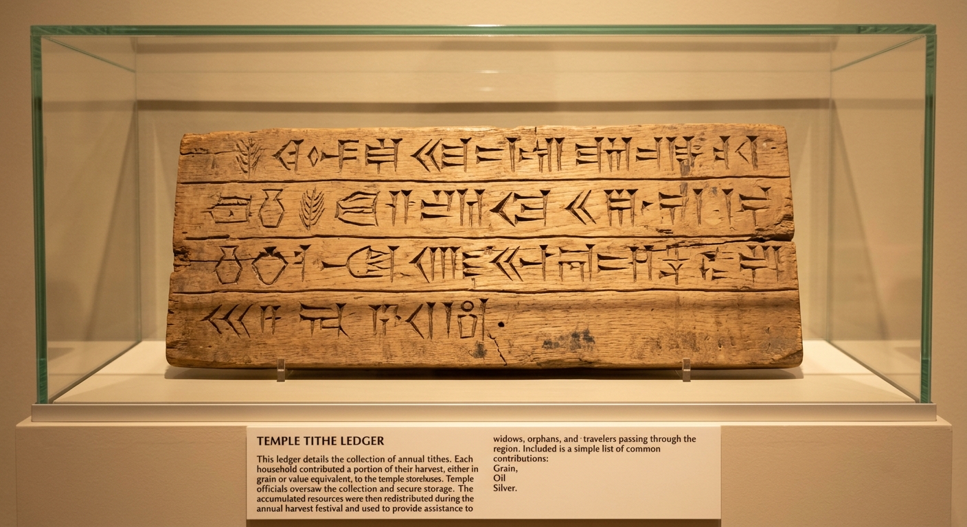 Museum-style photo of a clay tablet notice labeled “Temple Tithe Ledger,” listing grain, oil, and silver contributions collected and redistributed for a festival and aid to people in need.