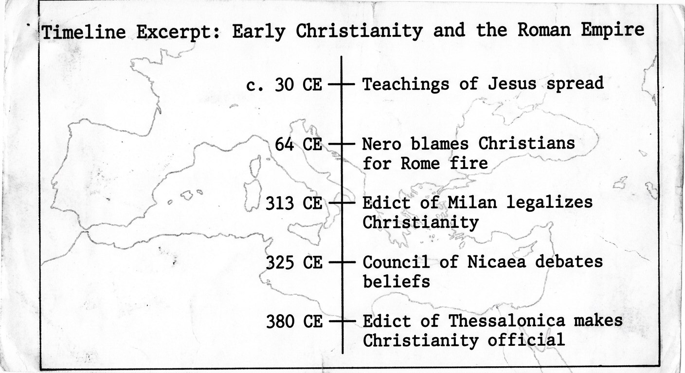 null Black-and-white document titled “Timeline Excerpt: Early Christianity and the Roman Empire,” showing five dated events from about 30 CE to 380 CE related to Christianity’s spread and Roman policies.
