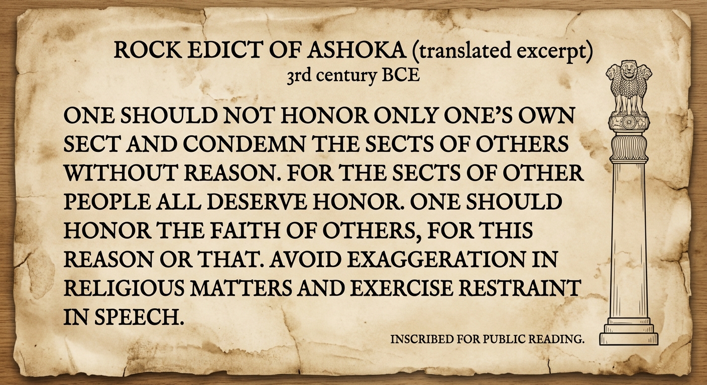null Sepia parchment document titled “Rock Edict of Ashoka (translated excerpt), 3rd century BCE,” with an excerpt about honoring other faiths and showing restraint in speech, plus a small drawing of a stone pillar.