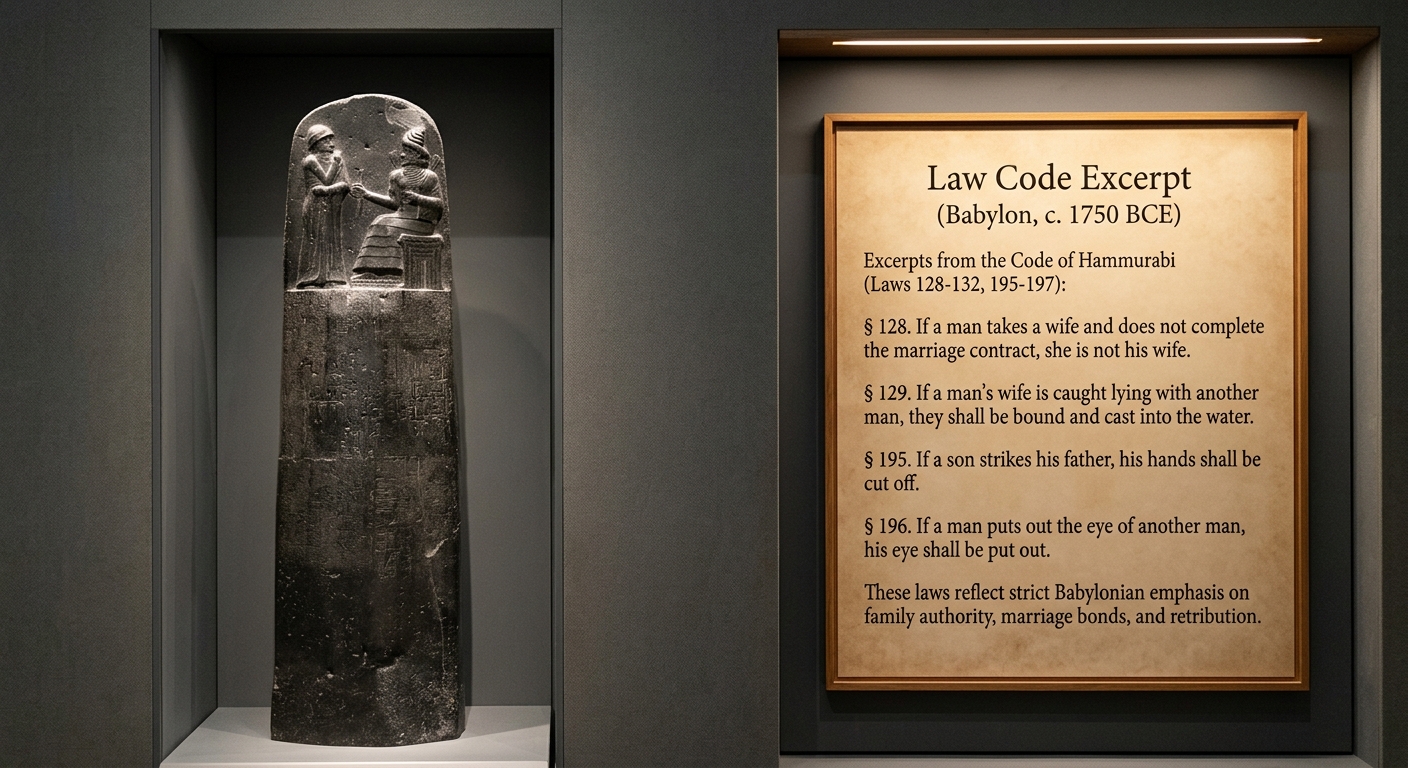 Museum-style exhibit showing a Babylonian law code excerpt (c. 1750 BCE) with a stele illustration and a short translated text about family authority and rules.