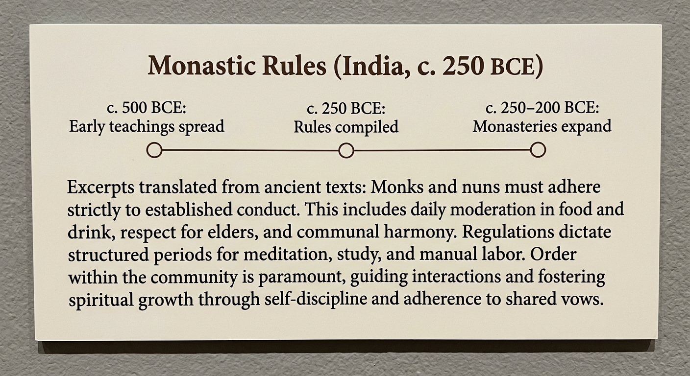 Museum placard titled “Monastic Rules (India, c. 250 BCE)” showing a simple timeline and a short excerpt about rules for monks and nuns.