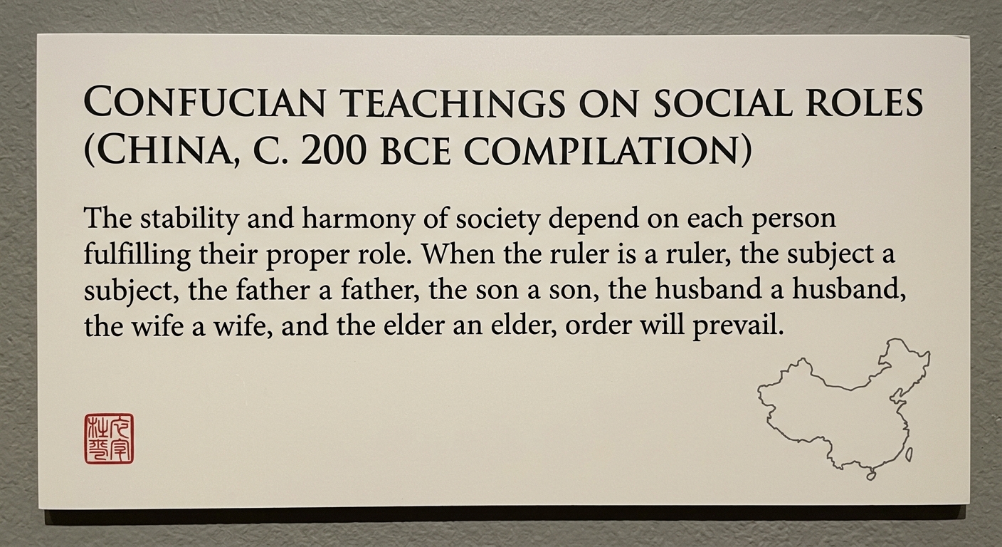 Museum placard titled “Confucian Teachings on Social Roles (China, c. 200 BCE)” with a short excerpt about proper roles in family and government.