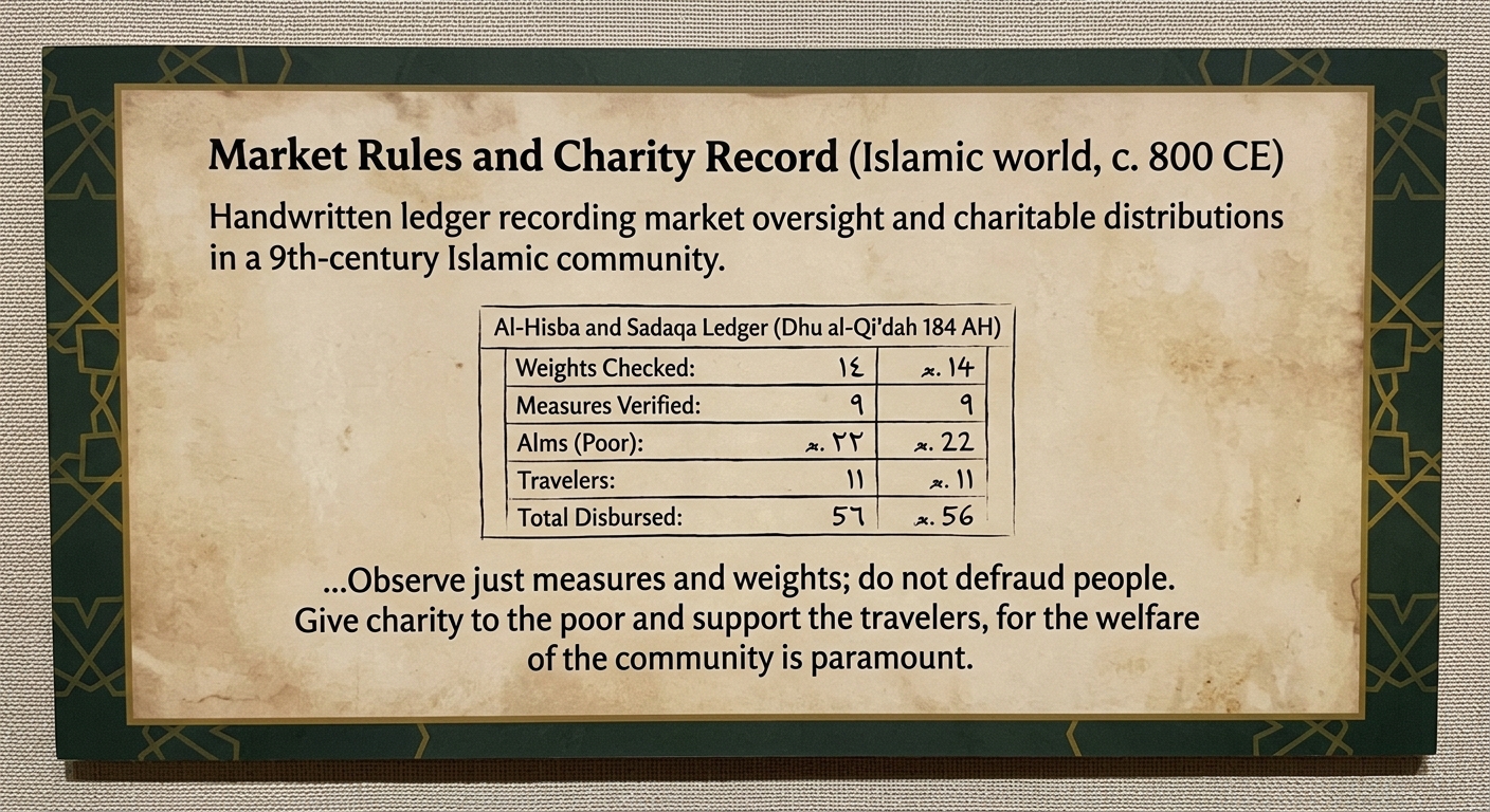 Museum placard titled “Market Rules and Charity Record (Islamic world, c. 800 CE)” with a short excerpt about honest trade and charity and a small ledger table.