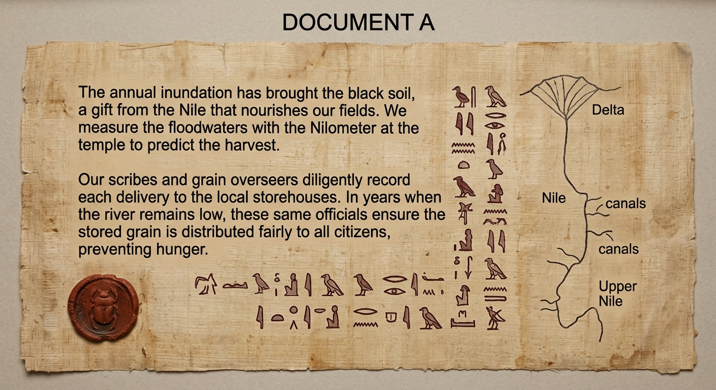 Papyrus-style document labeled Document A with a short translated excerpt about Nile flooding and grain records plus a small sketch map of the Nile and canals.