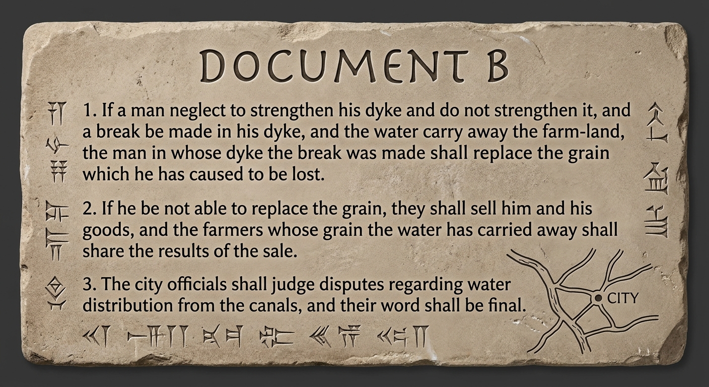 Stone tablet-style document labeled Document B with a short translated law code excerpt about canals and dispute judgments plus a small sketch map of a river and canals.