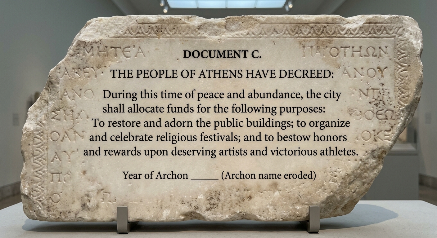 Marble inscription-style document labeled Document C with a short translated decree about funding festivals and public works during peace and prosperity.