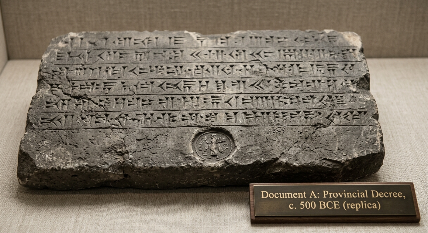 A photo of a replica stone stele fragment with lines of ancient script and a caption plaque reading “Document A: Provincial Decree, c. 500 BCE (replica).”