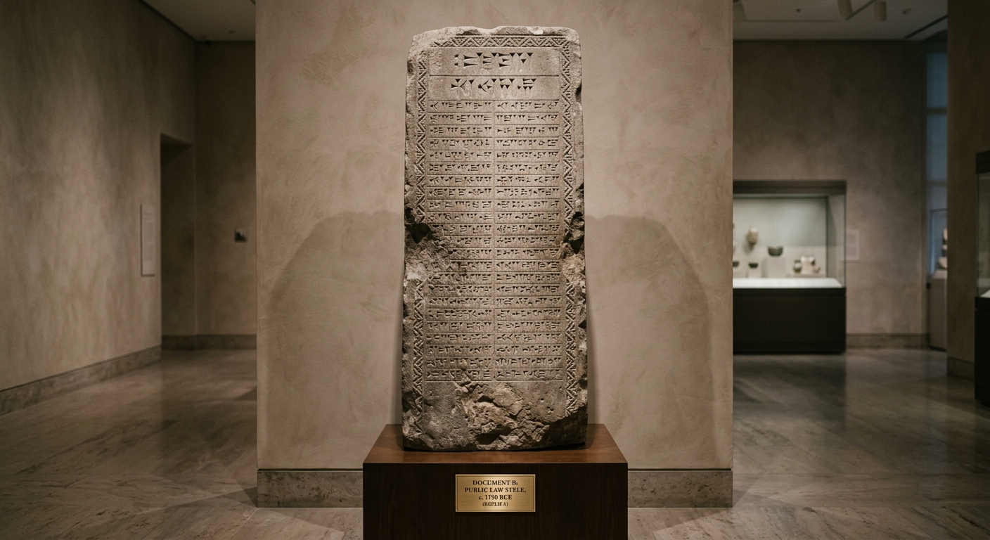 A museum-style photo of a replica stone law stele with carved lines of ancient script and a caption plaque reading “Document B: Public Law Stele, c. 1750 BCE (replica).”