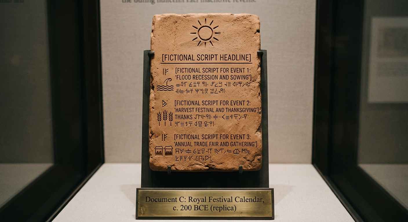 A museum-style photo of a replica tablet labeled “Document C: Royal Festival Calendar, c. 200 BCE (replica),” showing lines of ancient script and a small sun symbol.
