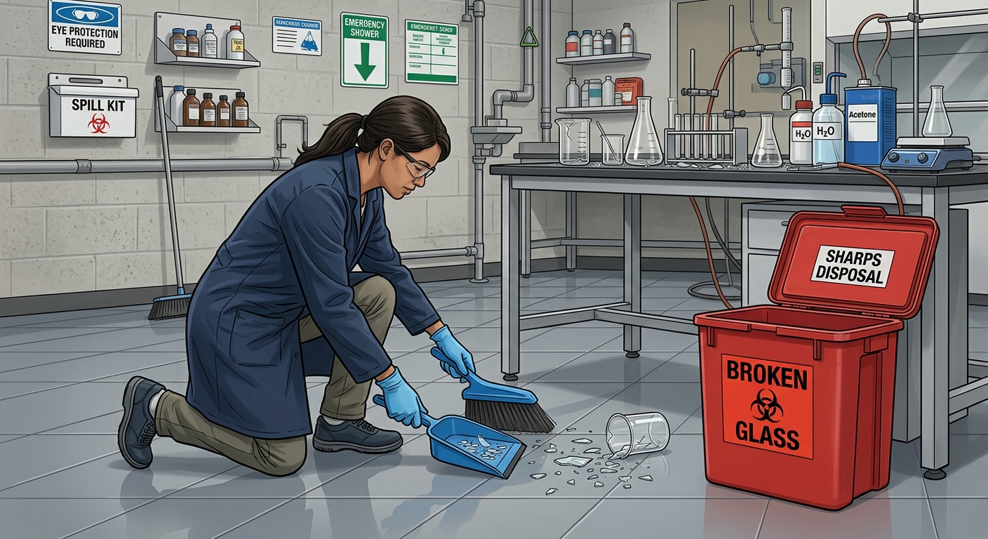 Person using a broom and dustpan to clean broken glass and placing it into a labeled broken-glass container.
